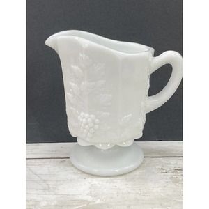 Vintage Westmoreland Footed Milk Glass Pitcher Paneled Grape and Vine Pattern